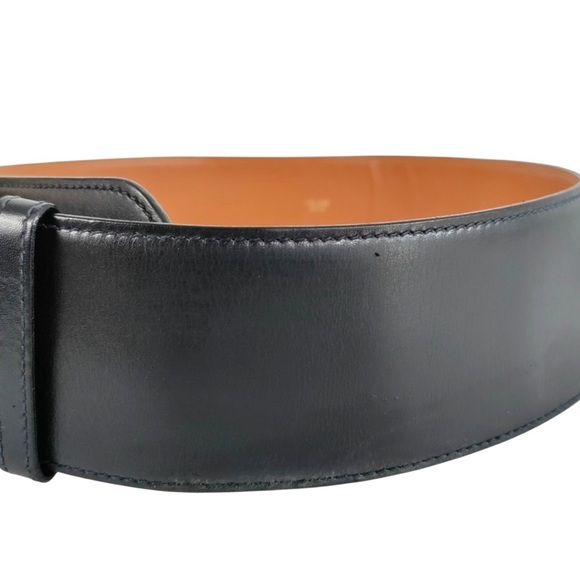 Vintage Celine Black Leather Belt with Gold Logo Circle Buckle size 70